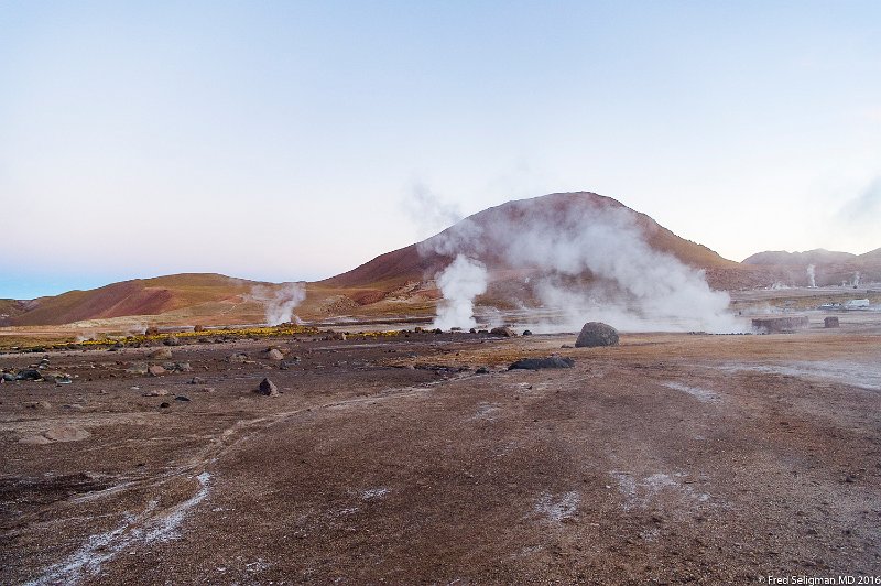 20160331_073031 D3S.jpg - The hot subterranean water builds up pressure through cracks in the earth's crust.   The boiing  water reaches temperstures of about 185 degrees (the boiling point at this altitude).  The steam vents called fumaroles are the result of the contrast with the cold ambient air, and can reach heights of up to 30 feet